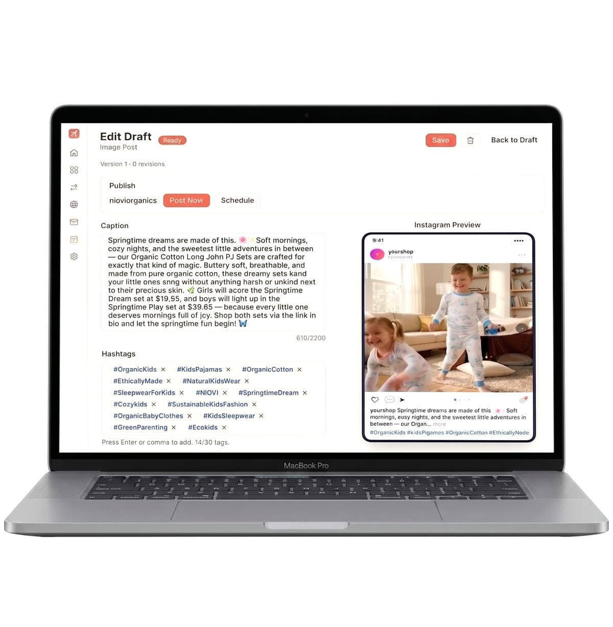Flaunto draft editor open on a laptop — on-brand caption, hashtags, and Instagram preview