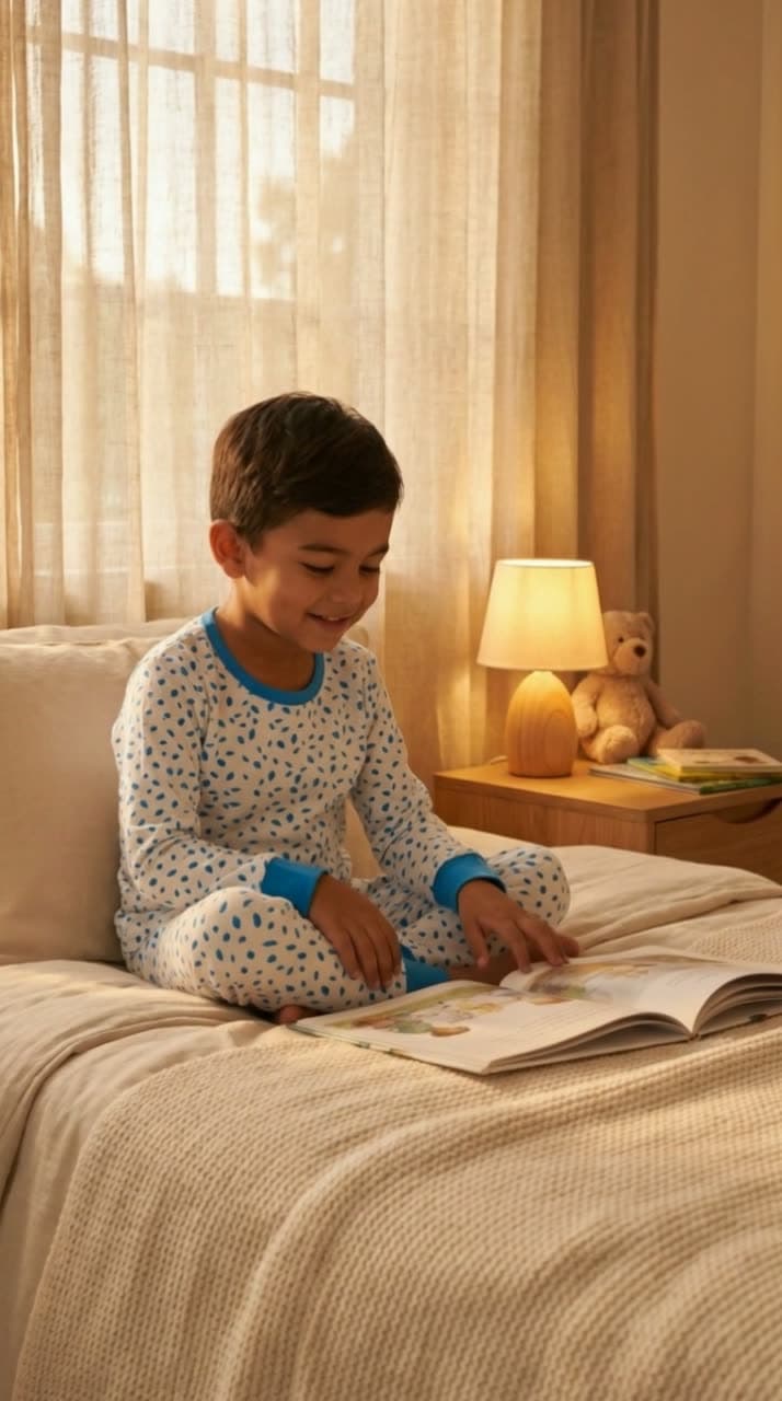 A Flaunto-made reel: a boy reading in NIOVI organic cotton pyjamas